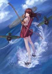 Rule 34 | 10s, 1girl, aiming, aiming at viewer, aircraft, airplane, akagi (kancolle), archery, arrow (projectile), bad id, bad pixiv id, blue sky, bow (weapon), brown eyes, brown hair, catsmoon, cloud, day, drawing bow, flight deck, full body, gloves, hakama, hakama short skirt, hakama skirt, highres, holding, holding bow (weapon), holding weapon, japanese clothes, kantai collection, long hair, looking at viewer, muneate, ocean, outdoors, partially fingerless gloves, partly fingerless gloves, pleated skirt, quiver, red skirt, skirt, sky, solo, standing, tasuki, thighhighs, weapon, white thighhighs, yugake, zettai ryouiki