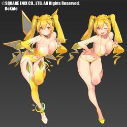 Rule 34 | 2girls, bangle, bikini, blonde hair, blush, bracelet, breasts, character request, clothing cutout, company name, detached sleeves, detached wings, dress, gradient background, hair between eyes, jewelry, large breasts, long hair, micro bikini, multiple girls, navel, navel cutout, one eye closed, open mouth, popqn, short dress, simple background, smile, square enix, swimsuit, thighhighs, twintails, wings, yellow bikini, yellow dress, yellow eyes, yellow legwear