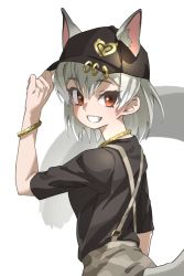 Rule 34 | 1girl, absurdres, animal ears, baseball cap, black hat, black shirt, bracelet, brown eyes, chain, chain necklace, clothing cutout, commentary, ears through headwear, eastern quoll (kemono friends), extra ears, grey hair, grin, hair between eyes, hand on headwear, hat, hat ring, highres, jewelry, kemono friends, looking at viewer, medium hair, necklace, shirt, simple background, smile, solo, suspenders, tail, tail through clothes, tanabe (fueisei), white background, wrist chain