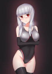 Rule 34 | 1girl, animal ears, breasts, competition swimsuit, glasses, hachimitsu-b, head wings, heidimarie w. schnaufer, highleg, highleg swimsuit, large breasts, long hair, one-piece swimsuit, red eyes, strike witches, swimsuit, tail, thighhighs, white hair, wings, world witches series