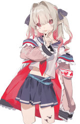 Rule 34 | 1girl, absurdres, armband, belt, blue belt, blue skirt, blush, closed mouth, cropped legs, grey background, grey hair, highres, jacket, leg tattoo, makaino ririmu, makaino ririmu (4th costume), miniskirt, multicolored hair, navel, nijisanji, off shoulder, pink jacket, pleated skirt, pointy ears, red eyes, red hair, school uniform, sh (shinh), shirt, short sleeves, simple background, skirt, smile, solo, standing, streaked hair, tattoo, tongue, tongue out, v over mouth, virtual youtuber, white shirt