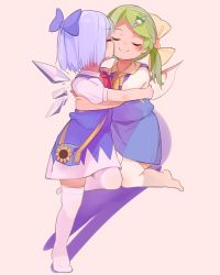 Rule 34 | 2girls, absurdres, ascot, bag, blue bow, blue hair, blue skirt, blue vest, bow, cirno, closed eyes, closed mouth, daiyousei, fairy wings, flower, frog hair ornament, full body, green hair, hair bow, hair ornament, highres, housulu, hug, ice, ice wings, multiple girls, red ascot, shirt, shoulder bag, simple background, skirt, smile, standing, standing on one leg, sunflower, thighhighs, touhou, vest, white legwear, white shirt, wings, yellow ascot, yellow bow
