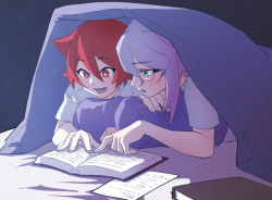Rule 34 | 2girls, alternate costume, arikindows10, black background, blanket, blush, book, chariot du nord, couple, croix meridies, glasses, green eyes, happy, little witch academia, looking at another, lying, medium hair, multiple girls, on stomach, open mouth, pillow, purple hair, reading, red eyes, red hair, school, shiny chariot, shirt, short hair, simple background, smile, wavy hair, white shirt, aged down, yuri