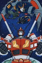 Rule 34 | 1980s (style), 2boys, autobot, blue eyes, cannon, clenched hands, deathsaurus, decepticon, fighting stance, from above, from below, highres, insignia, looking down, looking up, mechanical wings, multiple boys, nihonnsei, no humans, retro artstyle, open mouth, red eyes, retro artstyle, standing, star (symbol), star saber (transformers), starry background, teeth, transformers, transformers victory, upper body, weapon, wings