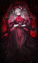 Rule 34 | 1girl, absurdres, black dress, bouquet, breasts, chyan, closed mouth, coffin, demon horns, dress, flower, grey hair, hair spread out, head tilt, helltaker, highres, holding, holding bouquet, horns, large breasts, long dress, long hair, looking at viewer, lucifer (helltaker), mole, mole under eye, petals, red eyes, red flower, smile, solo, spider lily