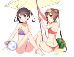 Rule 34 | 2girls, ass, azur lane, ball, bare arms, bare shoulders, barefoot, beach umbrella, beachball, bikini, blush, breasts, brown hair, butt crack, cleavage, closed mouth, collarbone, food, fruit, hairpods, halterneck, head tilt, long hair, looking at viewer, medium breasts, meng ge 3 (565571710), multiple girls, ning hai (azur lane), ning hai (summer hunger) (azur lane), ping hai (azur lane), ping hai (summer vacation) (azur lane), purple bikini, purple eyes, red bikini, red eyes, simple background, sitting, small breasts, swimsuit, thighs, transparent, twintails, umbrella, v-shaped eyebrows, very long hair, visor cap, watermelon, white background, yellow umbrella