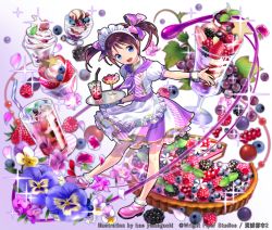 Rule 34 | 1girl, :d, blackberry (fruit), blueberry, bow, cake, cup, dessert, drink, drinking glass, drinking straw, flower, food, fruit, full body, glass, holding, holding tray, ice cream, kaekae, looking at viewer, neckerchief, official art, open mouth, pansy, parfait, pink footwear, puffy short sleeves, puffy sleeves, purple bow, purple neckerchief, purple skirt, raspberry, short sleeves, short twintails, shoumetsu toshi 2, skirt, smile, socks, solo, sparkle, spoon, standing, star (symbol), strawberry, striped, tart (food), tray, twintails, waitress, watermark, white socks
