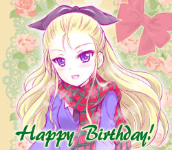 Rule 34 | 1girl, :d, assam (girls und panzer), black necktie, black ribbon, blonde hair, blue eyes, blue sweater, blush, bow, breath, commentary request, doily, dress shirt, english text, floral background, flower, girls und panzer, hair pulled back, hair ribbon, happy birthday, ivy, kuromori yako, light blush, long hair, long sleeves, necktie, open mouth, partial commentary, pink flower, pink rose, plaid, plaid scarf, red bow, red scarf, ribbon, rose, scarf, school uniform, shirt, smile, solo, st. gloriana&#039;s school uniform, sweater, v-neck, white shirt