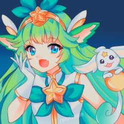 Rule 34 | 1girl, :d, absurdres, animal ears, aqua eyes, bow, fang, gloves, green hair, green theme, hair bow, headpiece, highres, league of legends, long hair, looking at viewer, lulu (league of legends), magical girl, open mouth, pix (league of legends), smile, star (symbol), star guardian (league of legends), star guardian lulu, tiara, upper body, very long hair, white gloves, yaya chan, yordle