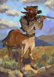 Rule 34 | 1boy, animal ears, arm hair, bandana, bandana over mouth, black eyes, bracelet, brown hat, brown vest, centaur, cloud, cloudy sky, colored sclera, cowboy hat, cowboy western, ear piercing, full body, grasslands, grey sclera, gun, hands up, hat, highres, holding, holding gun, holding weapon, hooves, horse ears, jewelry, looking to the side, male focus, navel hair, open clothes, open vest, original, outdoors, piercing, rifle, sky, solo, spiked bracelet, spikes, standing, taur, toned, toned male, vest, weapon, yaofour