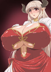 Rule 34 | 10s, 1girl, absurdres, alicia (granblue fantasy), blush, breasts, cleavage, curvy, gigantic breasts, granblue fantasy, highres, horns, long hair, looking at viewer, open mouth, pointy ears, puffy nipples, red eyes, silver hair, solo, wide hips, yukimaru (gojo)