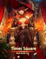 Rule 34 | 1girl, crossed legs, curtains, dungeon and fighter, english text, fire, hat, long hair, mr.yun, open mouth, plant, pointy ears, red hair, sitting, staff, thighhighs, throne, transcendent nornil, witch hat