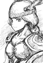 Rule 34 | 1girl, abe yoshitoshi, armor, braid, breasts, cleavage, closed mouth, greyscale, head wings, helmet, highres, long hair, looking at viewer, monochrome, shield, simple background, single braid, solo, valkyrie, valkyrie (vnd), valkyrie no densetsu, white background, winged helmet, wings