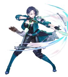 Rule 34 | 1girl, armor, arrow (projectile), belt, black eyes, black gloves, black hair, boots, bow (weapon), breasts, collar, corset, female focus, fire emblem, fire emblem: three houses, fire emblem heroes, full body, gloves, green jacket, highres, holding, holding bow (weapon), holding weapon, jacket, knee boots, large breasts, lips, looking away, maeshima shigeki, medium breasts, nintendo, official art, open clothes, open mouth, pale skin, pants, parted bangs, quiver, shamir nevrand, shiny clothes, short hair, shoulder armor, solo, transparent background, weapon