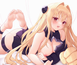 Rule 34 | 1girl, bare shoulders, barefoot, black shirt, black skirt, blonde hair, breasts, cleavage, cleavage cutout, clothing cutout, detached sleeves, feet, hair intakes, hair ornament, highres, konjiki no yami, legs up, long hair, long sleeves, looking at viewer, lying, medium breasts, miniskirt, nipples, no bra, on stomach, open mouth, pleated skirt, red eyes, shirt, sidelocks, skirt, solo, the pose, thigh strap, to love-ru, to love-ru darkness, torn clothes, two side up, very long hair, zhaofeng yinyue