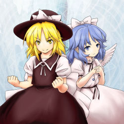 Rule 34 | 2girls, angel wings, blonde hair, blue eyes, blue hair, clenched hand, clenched hands, female focus, hat, mai (touhou), multiple girls, mystic square, no nose, serene (gusarme), serene (pixiv66339), touhou, touhou (pc-98), wings, witch, yellow eyes, yuki (touhou)