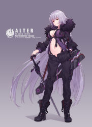 Rule 34 | 1girl, alternate costume, babydoll, black footwear, black gloves, black pants, boots, breasts, brown eyes, c:, character name, cleavage, closed mouth, coat, combat boots, copyright name, fate/grand order, fate (series), fur coat, gloves, gradient background, grey background, half gloves, highres, holding, holding sword, holding weapon, jeanne d&#039;arc (fate), jeanne d&#039;arc alter (avenger) (fate), jeanne d&#039;arc alter (fate), large breasts, legs apart, long hair, looking at viewer, navel, nian (zhanian), pants, sheath, silver hair, smile, smirk, solo, standing, suspenders, sword, very long hair, weapon