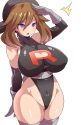 Rule 34 | 1girl, bandana, bare shoulders, belt, black bandana, black leotard, blush, breasts, brown hair, cleavage, cleavage cutout, clothing cutout, cosplay, covered navel, creatures (company), curvy, elbow gloves, game freak, gloves, grey gloves, grey thighhighs, highleg, highleg leotard, highres, konno tohiro, large breasts, leotard, long hair, may (pokemon), nintendo, open mouth, partially visible vulva, pokemon, pokemon rse, purple eyes, redesign, salute, shiny skin, simple background, solo, standing, team rocket, team rocket grunt, team rocket grunt (cosplay), thighhighs, thighs, thong leotard, underbust, uniform, white background