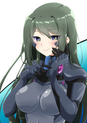 Rule 34 | 1girl, black gloves, blue eyes, blush, bright pupils, covered navel, fortified suit, gloves, gradient background, green hair, hair behind ear, highres, kamon rider, kazama touko, looking at viewer, muv-luv, muv-luv alternative, muv-luv alternative (anime), pilot suit, portrait, smile, solo, white pupils