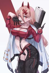 Rule 34 | 1girl, absurdres, belt, black gloves, black leotard, breasts, chainsaw man, chaps, chest strap, cleavage, clothing cutout, coat, coat on shoulders, collarbone, contrapposto, cosplay, cowboy shot, cropped jacket, cross-shaped pupils, demon horns, gloves, goddess of victory: nikke, gun, hair behind ear, hair between eyes, hair ornament, hairclip, highres, horns, jacket, large breasts, leotard, light brown hair, medium breasts, midriff, navel, navel cutout, pavo543, pink hair, power (chainsaw man), red horns, red jacket, rifle, sharp teeth, simple background, sniper rifle, solo, standing, stomach cutout, symbol-shaped pupils, teeth, weapon, weapon on back, white coat, yellow eyes, yulha (nikke), yulha (nikke) (cosplay)