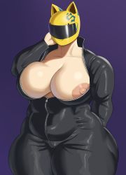 Rule 34 | 1girl, absurdres, arm up, bodysuit, breasts, celty sturluson, cleavage, clothes, durarara!!, female focus, goldcrustedchic, helmet, highres, huge breasts, large areolae, large nipples, looking at viewer, motorcycle helmet, nipples, open clothes, plump, skin tight, solo, thick thighs, thighs, zipper
