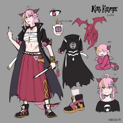 Rule 34 | 1girl, absurdres, ahoge, alternate universe, artist name, baby, bandages, belt, black jacket, black shirt, blonde hair, bow, bright pupils, character name, character sheet, commentary, crmanzana, delinquent, diagonal-striped bow, dragon, dragon girl, dragon horns, dragon tail, dragon wings, drooling, ear piercing, emblem, english commentary, english text, full body, grey background, hair between eyes, hair bow, hand up, highres, holding, holding knife, hololive, horns, if they mated, jacket, jewelry, kira kiryope, knife, light blush, long jacket, long skirt, long sleeves, looking at viewer, middle finger, midriff, multicolored hair, multiple views, navel, necklace, open clothes, open jacket, piercing, pink hair, pointy ears, print shirt, red eyes, red skirt, sarashi, scar, scar on stomach, shirt, shoes, short hair, short sleeves, sidelocks, simple background, sketch, skirt, skull print, sleeves past fingers, sleeves past wrists, smile, standing, stomach, streaked hair, striped, striped bow, tail, tamagotchi, tokkoufuku, tongue, tongue out, virtual youtuber, white belt, white pupils, wings