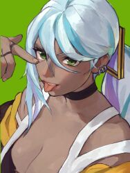 Rule 34 | 1girl, blue hair, breasts, cleavage, dark-skinned female, dark skin, earrings, green eyes, highres, isla (kof), jacket, jewelry, large breasts, oni gini, ponytail, solo, the king of fighters, tongue, tongue out
