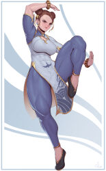 Rule 34 | 1girl, absurdres, arm up, black footwear, blue dress, blue leggings, bracelet, breasts, brown eyes, brown hair, capcom, china dress, chinese clothes, chun-li, commentary, commission, covered abs, double bun, dress, earrings, english commentary, fighting stance, flats, forehead, full body, hair bun, hair ribbon, highres, impossible clothes, impossible dress, jewelry, kung fu, large breasts, leggings, mature female, muscular, muscular female, pelvic curtain, ribbon, short hair, solo, speedl00ver, standing, standing on one leg, street fighter, street fighter 6, thick thighs, thighs