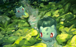 Rule 34 | animal focus, bright pupils, bulbasaur, claws, commentary request, creatures (company), dappled sunlight, fangs, fern, forest, game freak, gen 1 pokemon, nature, nintendo, no humans, nostrils, open mouth, outdoors, pokemon, pokemon (creature), red eyes, signature, stream, styraco, sunlight, wading, white pupils