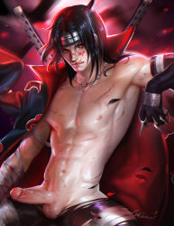 Rule 34 | 1boy, abs, armpits, bandages, black gloves, black hair, blood, blood on face, cowboy shot, elbow gloves, erection, floating hair, forehead protector, gloves, highres, holding, holding weapon, injury, jacket, jacket on shoulders, katana, konohagakure symbol, licking lips, long hair, looking at viewer, male focus, naruto, naruto (series), navel, nipples, nude, pectorals, penis, red eyes, sakimichan, shiny skin, shuriken, single elbow glove, sitting, solo, sword, testicles, tongue, tongue out, torn clothes, uchiha itachi, uncensored, veins, veiny penis, weapon, wind