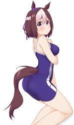 Rule 34 | 1girl, animal ears, ass, blue one-piece swimsuit, blush, bow, braid, breasts, brown hair, closed mouth, commentary request, competition school swimsuit, ear bow, french braid, from side, hair between eyes, hand on own chest, hinata masaki, horse ears, horse girl, horse tail, looking at viewer, looking to the side, medium breasts, multicolored hair, one-piece swimsuit, pink hair, purple eyes, school swimsuit, simple background, smile, solo, special week (umamusume), swimsuit, tail, two-tone hair, umamusume, white background