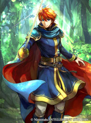 1boy belt blue_cape blue_eyes cape circlet commentary_request company_name eliwood_(fire_emblem) fire_emblem fire_emblem:_the_blazing_blade fire_emblem_cipher foliage forest glint holding holding_sword holding_weapon looking_at_viewer male_focus nature nintendo official_art outdoors rapier red_cape red_hair short_hair solo sword tree two-sided_cape two-sided_fabric wada_sachiko weapon