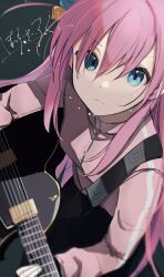 Rule 34 | 1girl, absurdres, blue eyes, bocchi the rock!, closed mouth, cube hair ornament, electric guitar, gibson les paul, gotoh hitori, guitar, hair between eyes, hair ornament, highres, holding, holding instrument, instrument, jacket, long hair, looking at viewer, ogura tubuan, one side up, pink hair, pink jacket, solo, track jacket