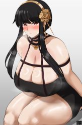 Rule 34 | 1girl, bare shoulders, black dress, black hair, blush, breasts, choker, cleavage, curvy, dress, flower, hair flower, hair ornament, highres, huge breasts, looking at viewer, off-shoulder dress, off shoulder, red eyes, rose, sidelocks, simple background, solo, spy x family, thick thighs, thighs, yor briar, zeroqrisu
