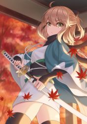 Rule 34 | 1girl, ahoge, arm guards, autumn, autumn leaves, black bow, black scarf, black thighhighs, blonde hair, bow, breasts, commentary request, day, falling leaves, fate/grand order, fate (series), from behind, hair bow, haori, japanese clothes, kimono, leaf, long sleeves, looking at viewer, looking back, matsuba moco, medium breasts, obi, okita souji (fate), okita souji (koha-ace), one side up, open clothes, sash, scarf, short hair, short kimono, solo, sunlight, thighhighs, thighs, white kimono, wide sleeves, yellow eyes, zettai ryouiki