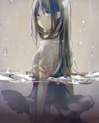 Rule 34 | 1girl, asagao minoru, black hair, blue eyes, blurry, collared shirt, cowboy shot, from side, highres, long hair, looking at viewer, looking back, original, parted lips, partially submerged, partially underwater shot, pleated skirt, rain, school uniform, shirt, short sleeves, skirt, solo, white shirt