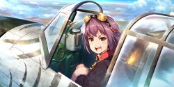 Rule 34 | 1girl, :d, aircraft, airplane, belt collar, cockpit, collar, fire, fur-trimmed sleeves, fur trim, goggles, goggles on head, highres, jacket, kouya no kotobuki hikoutai, long hair, looking at viewer, looking back, nem (kouya no kotobuki hikoutai), official art, open mouth, purple hair, reflection, short eyebrows, smile, smoke, solo, yellow eyes