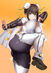 Rule 34 | 1girl, ass, bodysuit, bouncing breasts, breasts, brown hair, chinese clothes, curvy, fate/grand order, fate (series), green eyes, highres, jirusu, large breasts, looking at viewer, orange background, qin liangyu (fate), skin tight, solo, stance, standing, standing on one leg, sweatdrop, thick thighs, thighs