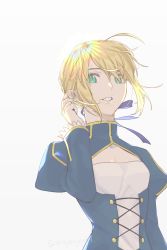 Rule 34 | 1girl, absurdres, ahoge, artoria pendragon (all), artoria pendragon (fate), blonde hair, blue ribbon, breasts, cleavage, fate/stay night, fate (series), floating hair, green eyes, hair between eyes, hair ribbon, highres, long sleeves, open mouth, ribbon, saber (fate), shayubi, short hair, simple background, small breasts, solo, upper body, white background