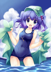 Rule 34 | 1girl, blue eyes, blue hair, cloud, day, female focus, hair bobbles, hair ornament, hat, jewelry, kawashiro nitori, key, matching hair/eyes, minase, minase (artist), one-piece swimsuit, pendant, school swimsuit, sky, solo, swimsuit, touhou, towel, twintails, two side up, water, wet