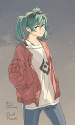 Rule 34 | 1girl, 2017, artist name, copyright name, dated, earrings, eyewear on head, hair between eyes, hands in pockets, hatsune miku, highres, jewelry, m11k, solo, suna no wakusei (vocaloid), twintails, vocaloid
