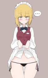 Rule 34 | ..., 1girl, ame (amechan17391739), black bow, black bowtie, black panties, blonde hair, blush, bow, bowtie, breasts, brown background, closed mouth, clothes lift, cutlass (girls und panzer), girls und panzer, highres, lifting own clothes, looking at viewer, maid headdress, navel, panties, short hair, side-tie panties, simple background, skirt, skirt lift, small breasts, solo, thong, underwear, waitress, yellow eyes