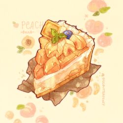 Rule 34 | artist name, blueberry, commentary, english commentary, english text, food, food focus, fruit, fruit background, fruit tart, highres, leaf, nao (bestrollever), napkin, no humans, original, peach, peach slice, pie, pie slice, star (symbol), starry background, still life, tart (food), whipped cream, yellow background