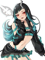 Rule 34 | 1girl, nanashi inc., belt, belt bra, black gloves, black hair, black jacket, black skirt, blue belt, blue hair, blue nails, blush, breasts, chest belt, cleavage, clothing cutout, commentary request, commission, contrapposto, cowboy shot, cropped jacket, cross-laced clothes, cross-laced sleeves, demon girl, demon horns, demon tail, fangs, fingernails, garter straps, gloves, grey skirt, highres, horns, jacket, layered skirt, long hair, long sleeves, looking at viewer, midriff, multicolored hair, nail polish, navel, open mouth, partially fingerless gloves, pointing, pointing up, pointy ears, red eyes, rerushia, sharp fingernails, shishio chris, shoulder cutout, simple background, skeb commission, skirt, small breasts, solo, sugar lyric, tail, two-tone hair, virtual youtuber, white background, zipper skirt