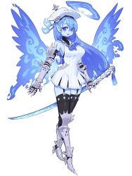 Rule 34 | 1girl, :d, absurdres, armor, black thighhighs, blue eyes, blue hair, blue neckerchief, blue skin, blue wings, colored skin, dress, from side, full body, garter straps, gauntlets, greaves, hair between eyes, halo, hat, highres, holding, holding sword, holding weapon, inu fuji, katana, long hair, looking at viewer, neckerchief, open mouth, original, pointy ears, simple background, sleeveless, sleeveless dress, smile, solo, swept bangs, sword, tassel, thighhighs, weapon, white background, white dress, white hat, wings