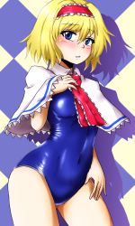 Rule 34 | 1girl, alice margatroid, argyle, argyle background, argyle clothes, ascot, blonde hair, blue eyes, blush, breasts, capelet, d-m (dii emu), hairband, highres, lolita hairband, looking at viewer, one-piece swimsuit, red ascot, school swimsuit, short hair, small breasts, solo, swimsuit, touhou