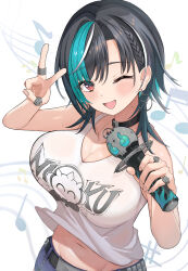 1girl ;d absurdres aqua_hair asymmetrical_bangs bare_arms belt black_choker black_hair blush braid braided_bangs breasts choker cleavage colored_inner_hair earrings groin highres holding holding_microphone hololive hololive_dev_is jewelry looking_at_viewer medium_hair microphone mole mole_on_neck multicolored_hair multiple_rings musical_note_background no_headwear one_eye_closed open_mouth purple_shorts red_eyes rindo_chihaya ring ryamuchan shorts skull_ring smile solo steering_wheel streaked_hair swept_bangs tank_top upper_body virtual_youtuber white_hair white_tank_top