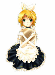 Rule 34 | 1girl, blonde hair, blush, green eyes, kagamine rin, looking at viewer, maid, nyaa (nnekoron), short hair, simple background, solo, vocaloid, white background