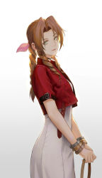 Rule 34 | 1girl, aerith gainsborough, choker, cowboy shot, cropped jacket, czcz12321, dress, drill hair, expressionless, final fantasy, final fantasy vii, green eyes, hair ribbon, highres, holding, jacket, lips, looking at viewer, ponytail, red jacket, ribbon, simple background, solo, white background