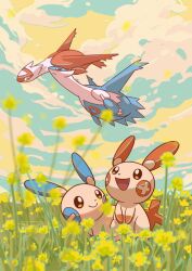 Rule 34 | artist name, blue fur, bright pupils, brown eyes, claws, closed mouth, cloud, creatures (company), day, flower, flying, game freak, gen 3 pokemon, grass, highres, latias, latios, legendary pokemon, looking up, milkshreds, minun, nintendo, no humans, open mouth, outdoors, plusle, pokemon, pokemon (creature), red eyes, red fur, signature, smile, two-tone fur, watermark, white fur, white pupils, yellow eyes